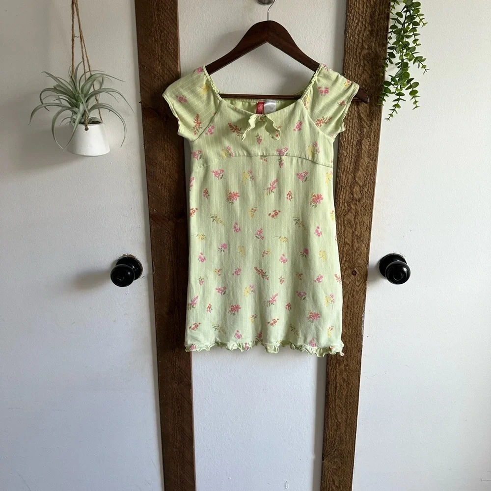 Vintage Gymboree Girl’s Peasant Front Floral Green Dress Pink Accents Size 6